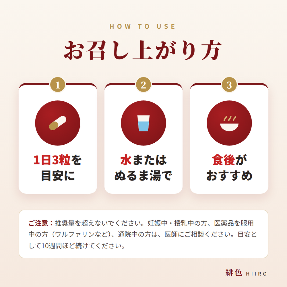 お召し上がり方。1日3粒を目安に、水またはぬるま湯で、食後がおすすめです。