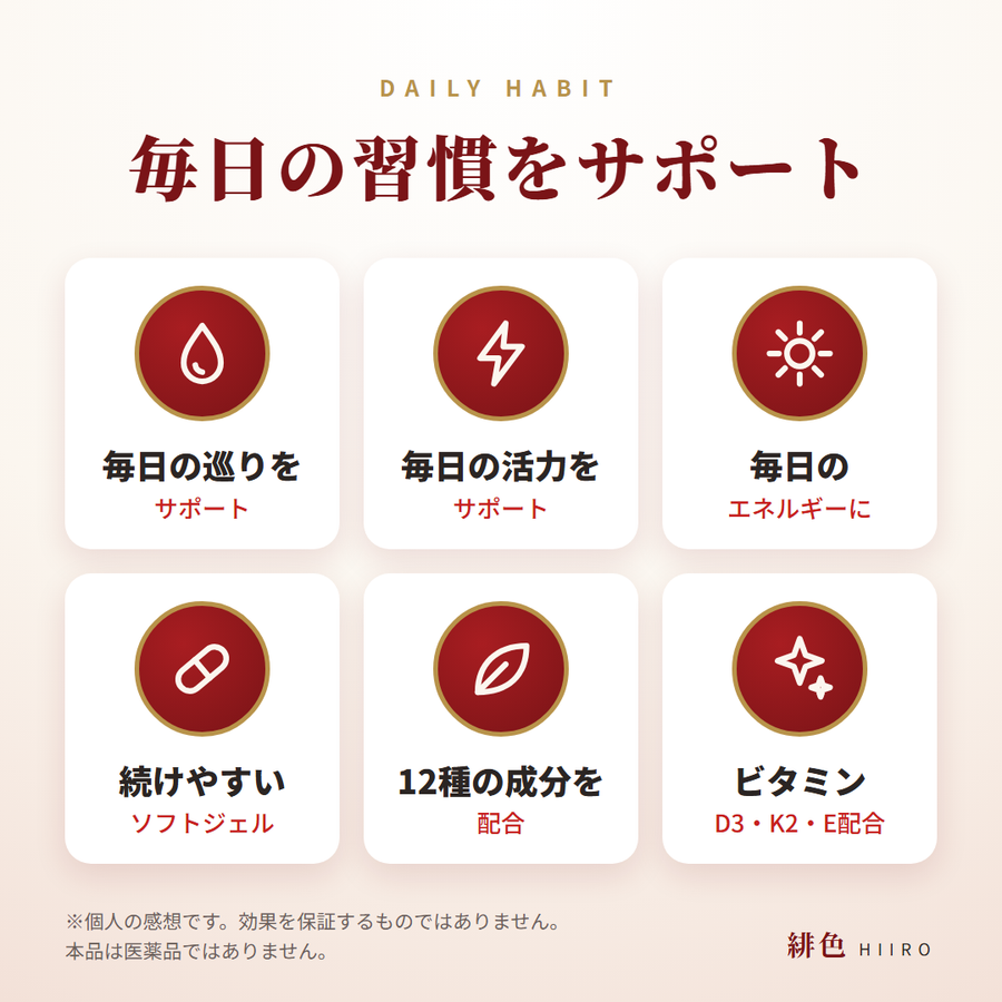 毎日の巡りをサポート。毎日の巡りをサポート、毎日の活力をサポート、毎日のエネルギーに、続けやすいソフトジェル、成分を配合、ビタミンD3・K2・E配合。